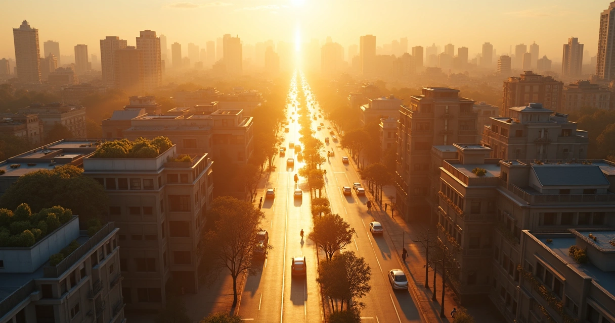Cidade vista de cima com rios de luz dourada fluindo pelas ruas 