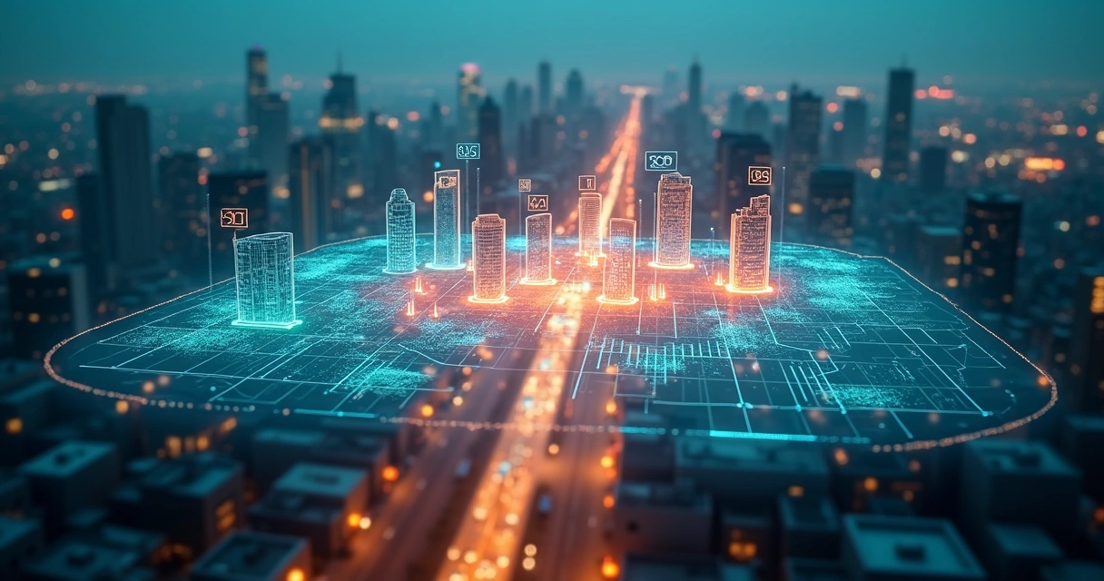 Cenário noturno de cidade com rede digital e gráfico de risco financeiro em destaque 