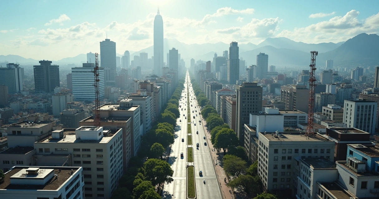 Vista de cidade grande com antenas 5G espalhadas em prédios altos