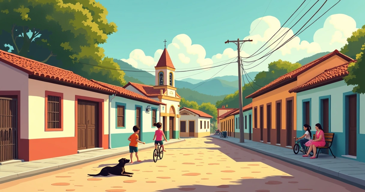 Rua de cidade pequena, crianças brincando, casas antigas, ambiente pacífico