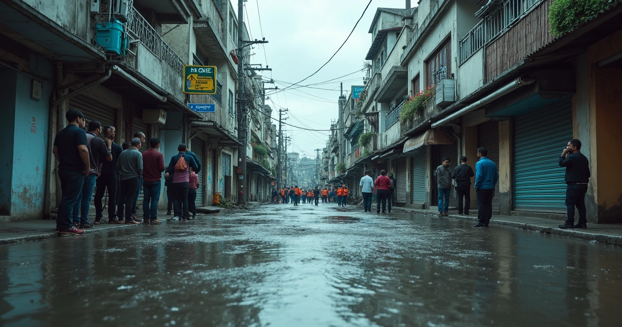 Rua urbana após enchente com moradores observando danos 