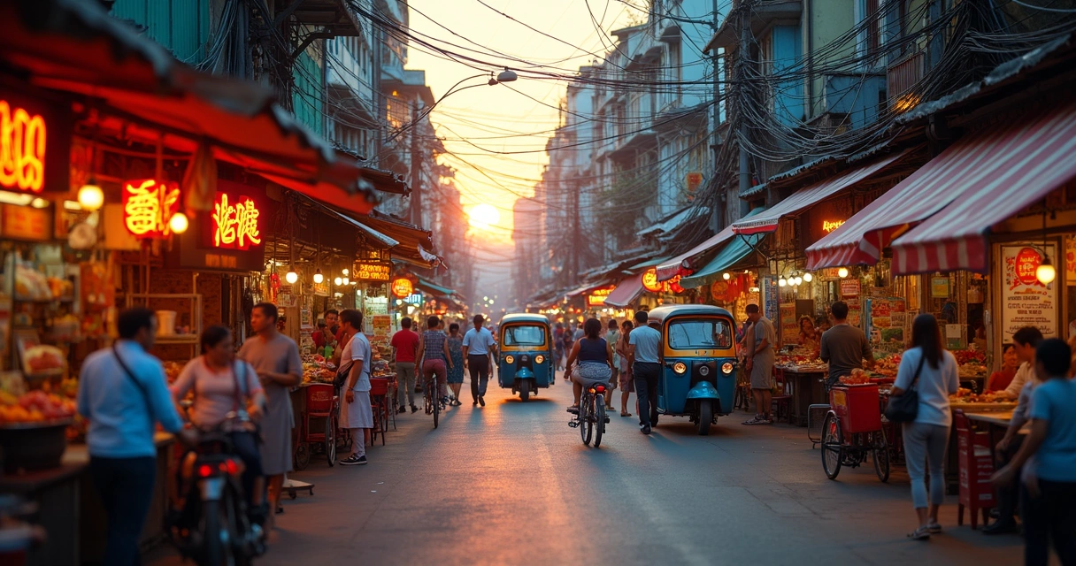 Rua movimentada de cidade asiática com turistas e mercados de rua 