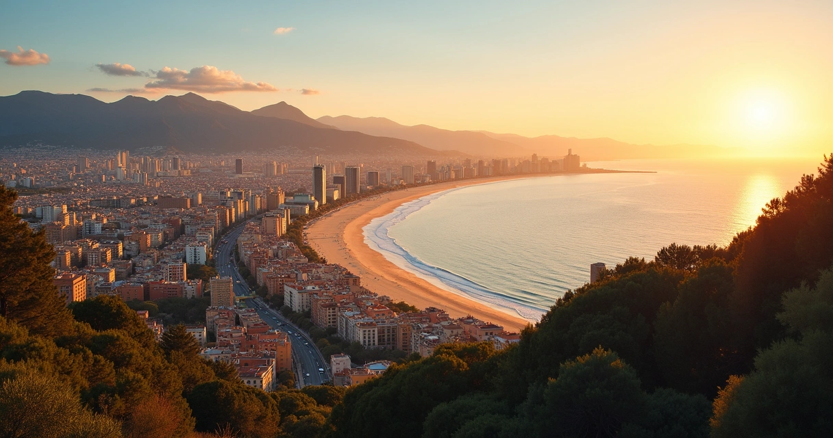 Vista de Barcelona ao entardecer, mostrando a praia e prédios icônicos 