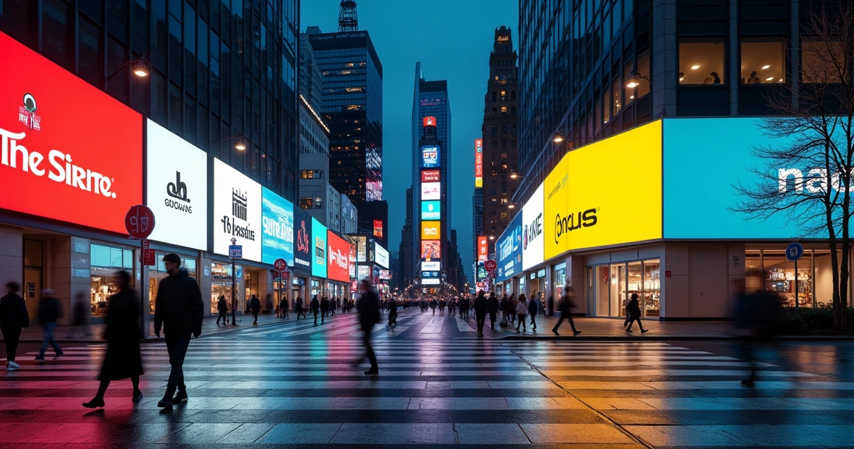 Cidade noturna com prédios exibindo diferentes identidades de marca em fachadas iluminadas 
