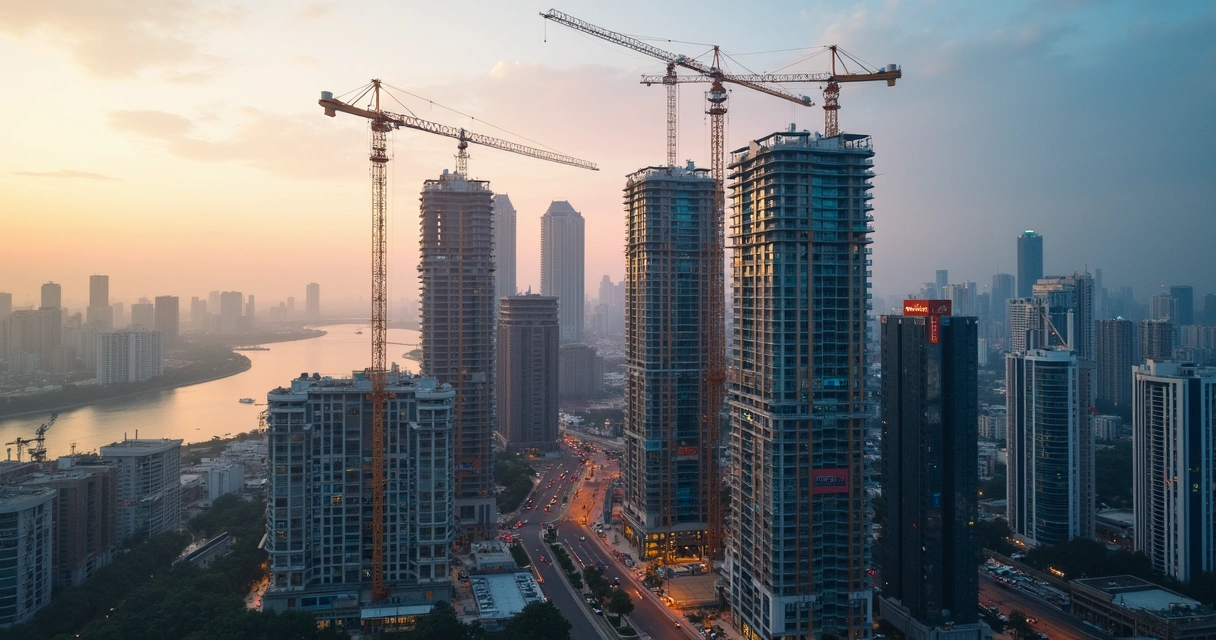 Vista aérea de edifícios em construção financiados 