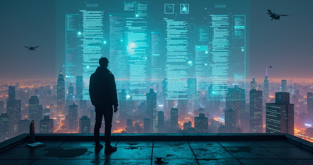 Paisagem noturna de cidade futurista formada por linhas de código e circuitos 