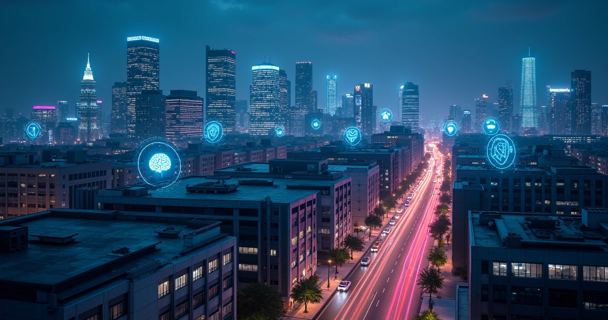 Vista aérea de cidade inteligente com ícones de inteligência artificial 