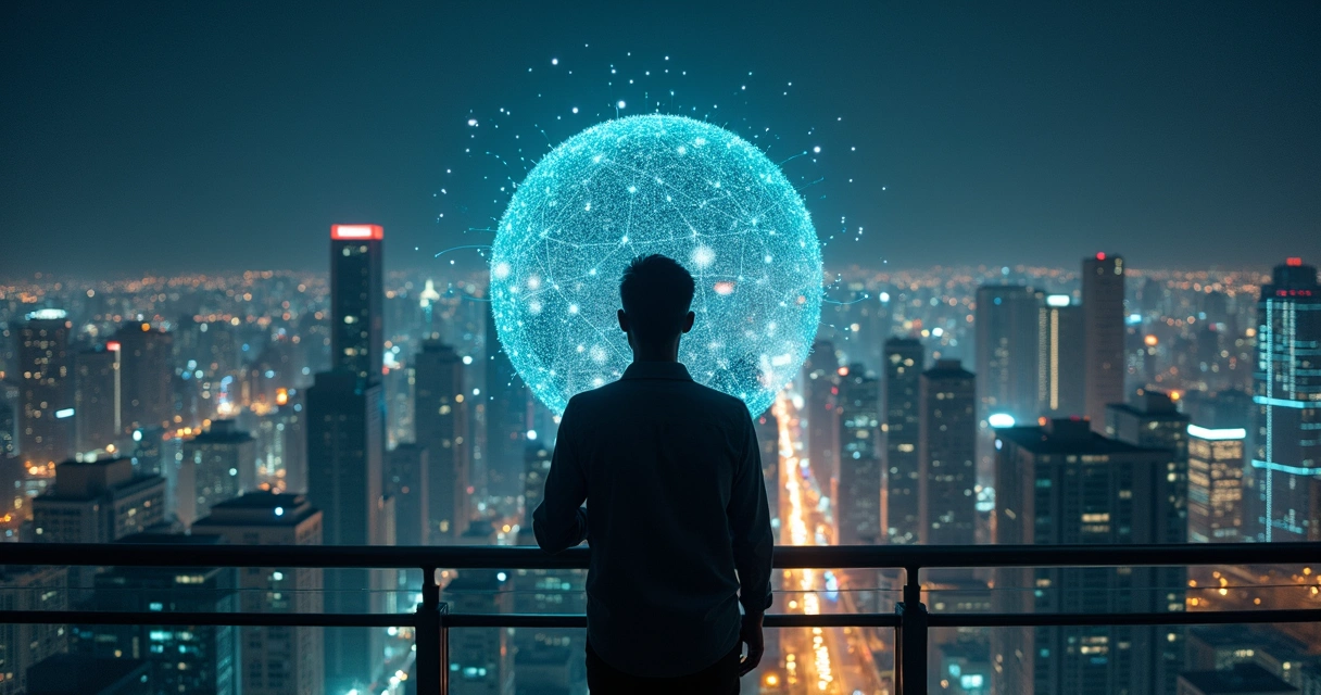 Pessoa observa holograma de cidade digital conectando escolhas de consumo 