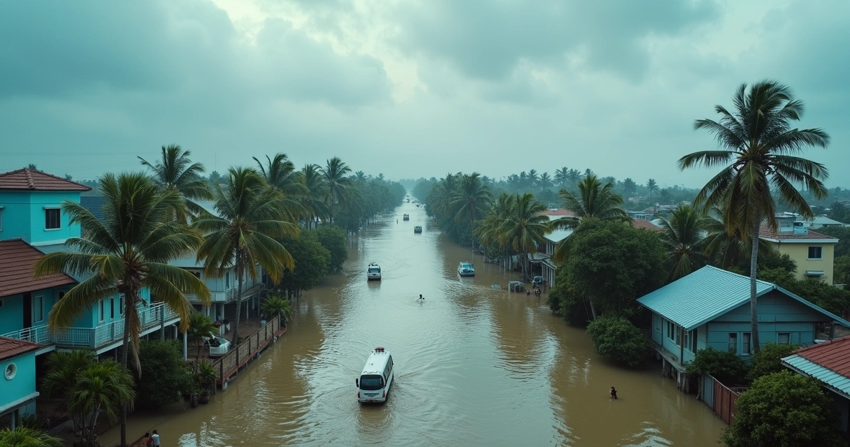 Ruas de uma cidade costeira alagadas após o aumento do mar 