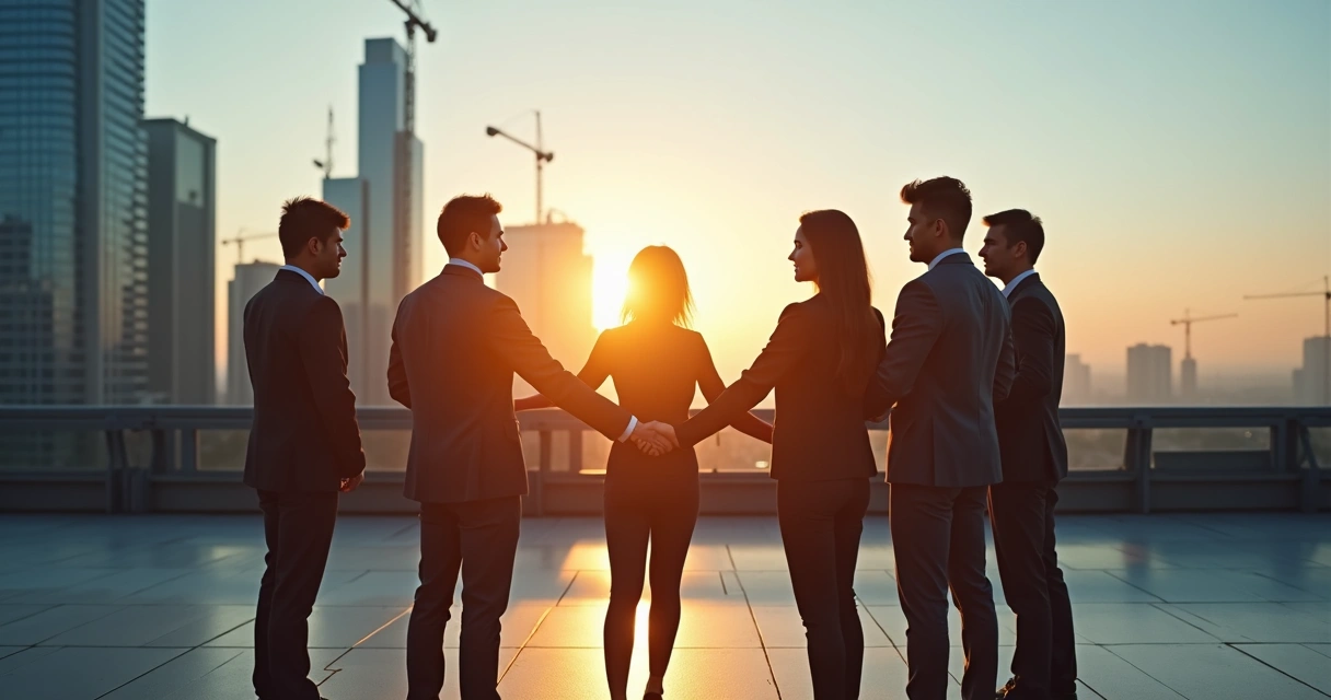 Equipe unida em mirante onde cidade cresce ao fundo 