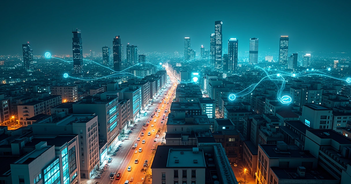 Interseção de cidade noturna, dados e conexões de vendas com IA 