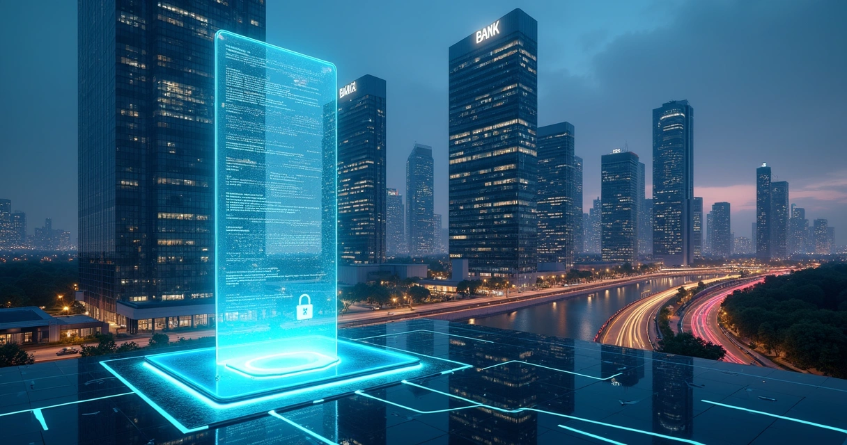 Paisagem urbana futurista com fluxos de dados conectando prédios financeiros 