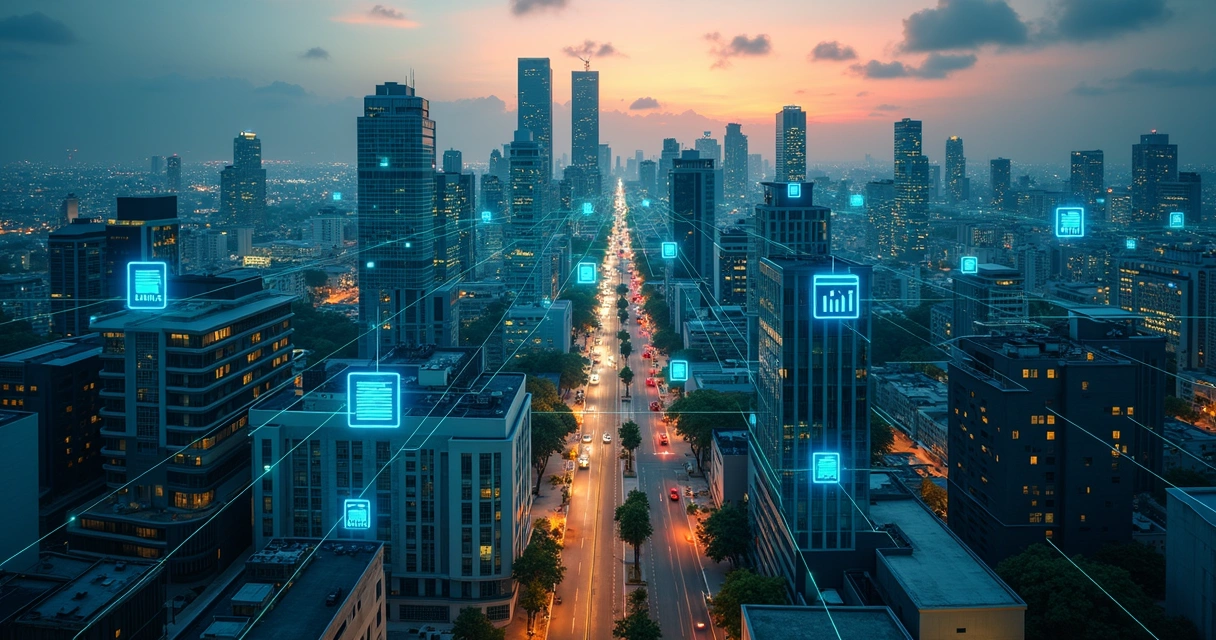 Paisagem de cidade brasileira com rede digital simbolizando inteligência tributária sobre impostos 