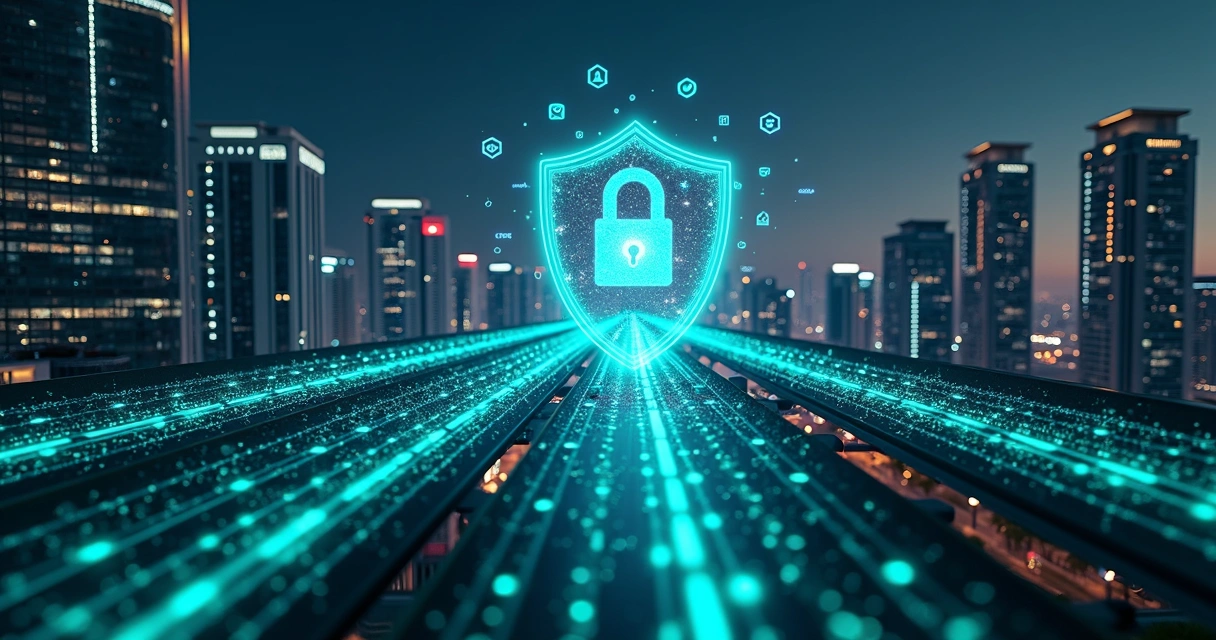 Rede de dados de open finance conectando prédios financeiros em uma cidade digital futurista 