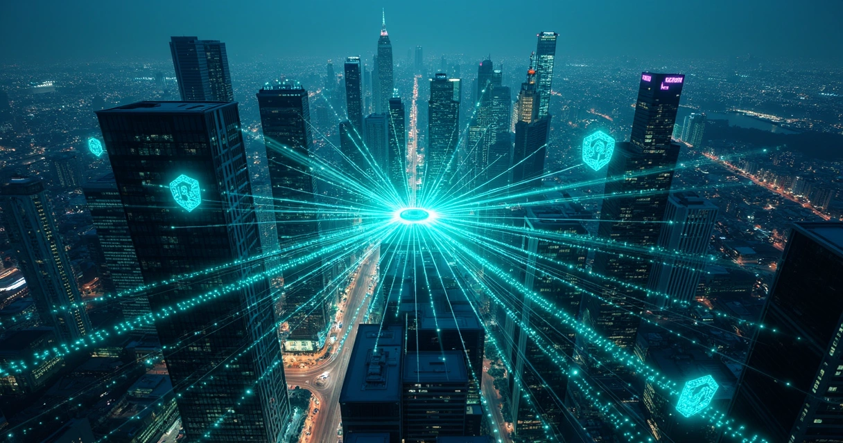 Paisagem urbana noturna com conexões digitais protegendo APIs empresariais 