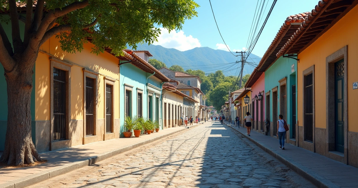 Rua de uma cidade pequena com casas antigas e turistas caminhando 