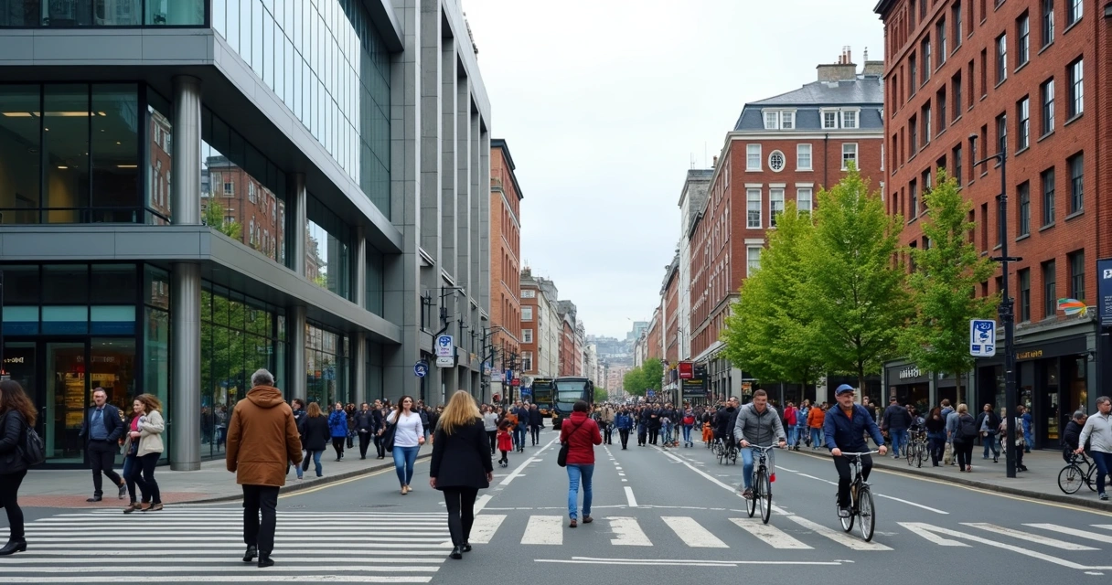 Movimento no centro de Dublin em horário comercial 