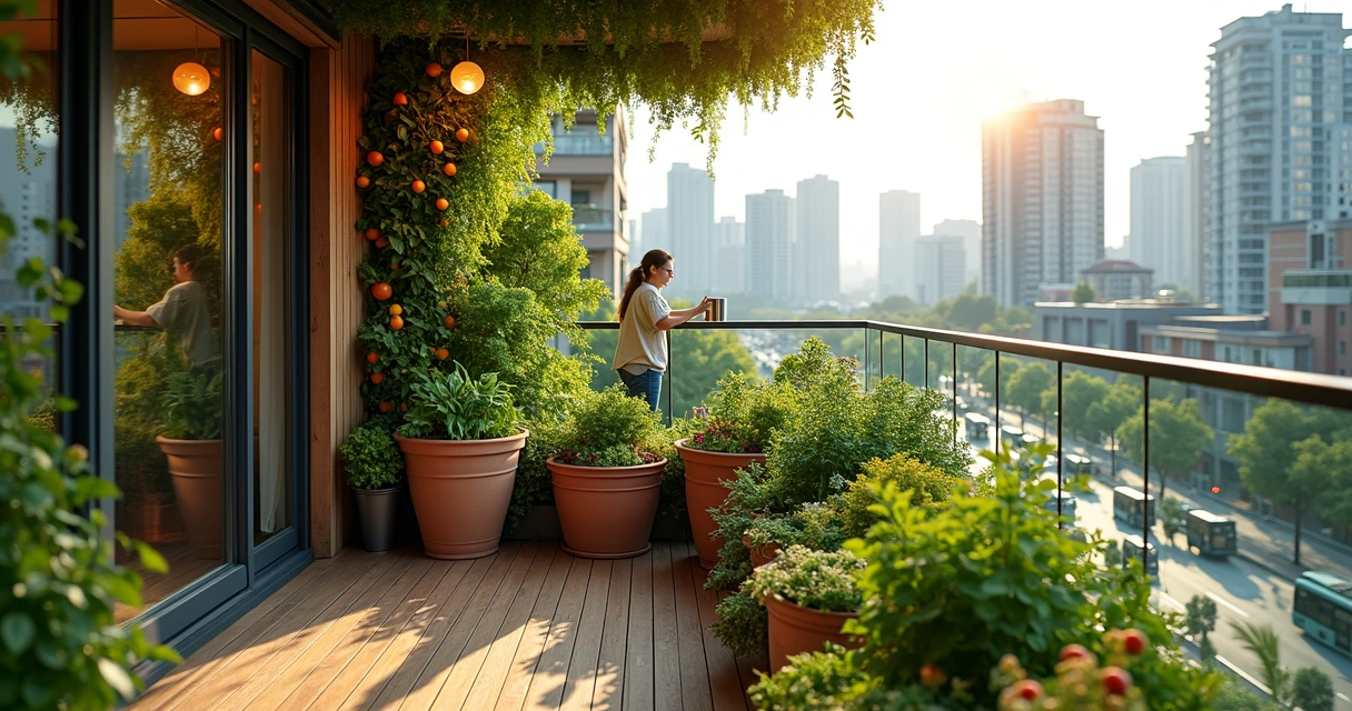 Sacada verde com horta urbana integrada a cidade ao fundo 
