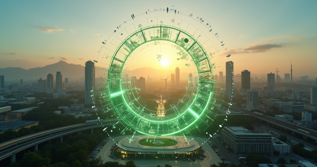 Vista aérea de cidade com ícones de economia circular interligando diferentes setores produtivos 