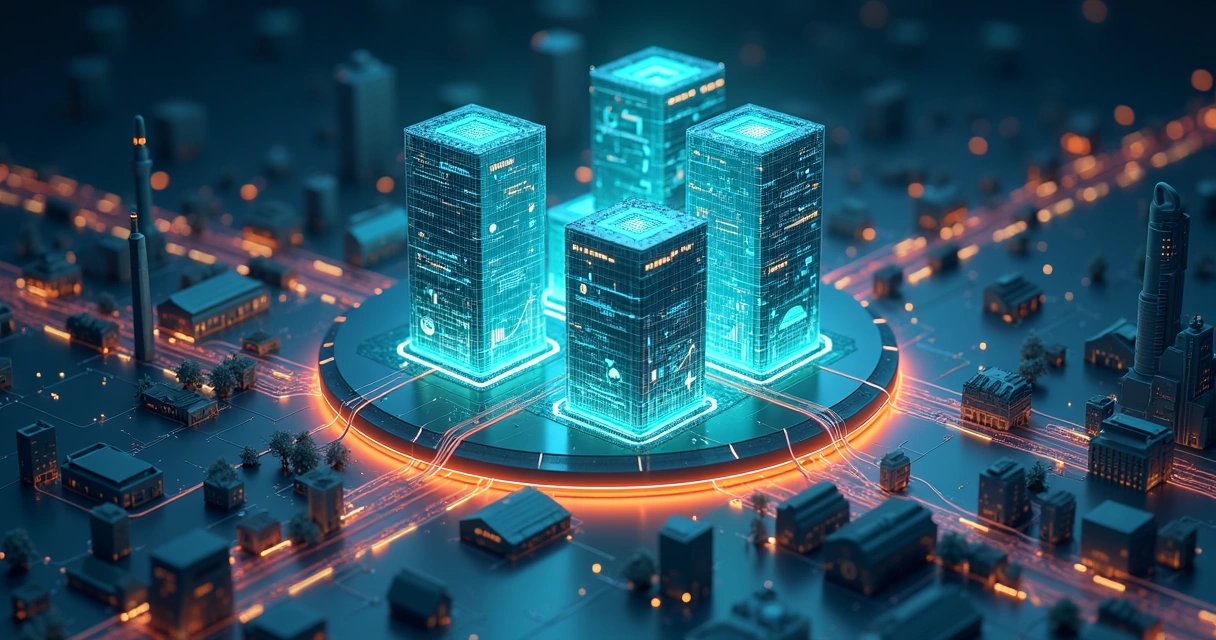 Ecossistema empresarial com torres conectadas por fluxos de inteligência artificial em 3D 
