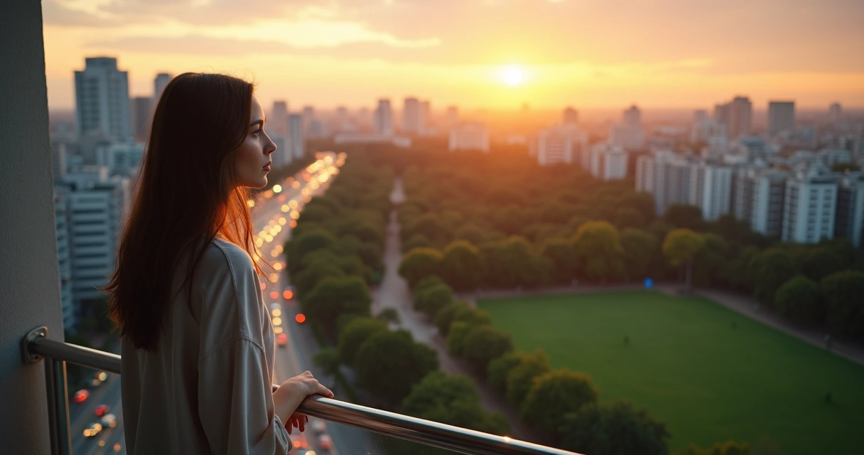 Mulher em sacada de prédio observando cidade cinza com área verde ao fundo 