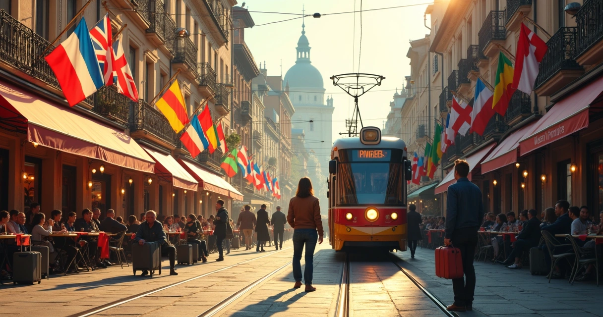 Rua movimentada de cidade europeia com cafés, bandeiras de países e pessoas caminhando 