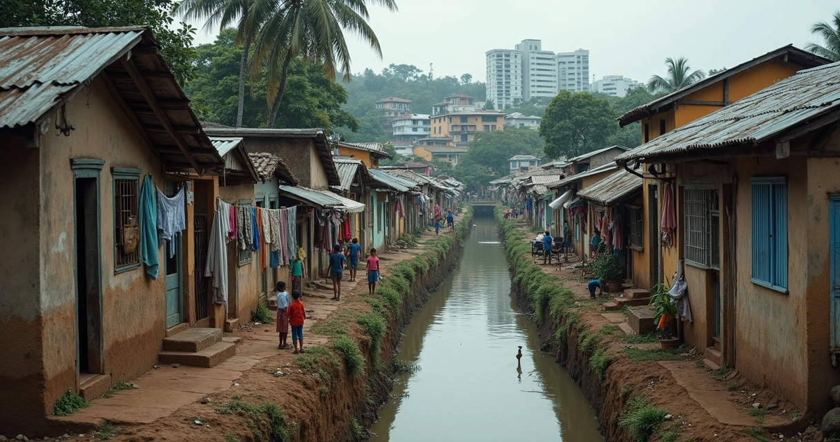 Favela do Brasil com córrego aberto de esgoto ao fundo