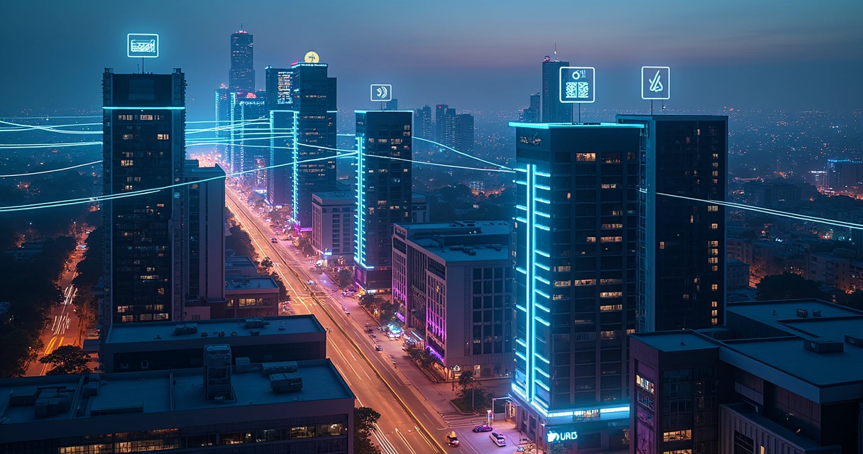 Vista aérea noturna de cidade com prédios conectados por luzes representando fintechs digitais 