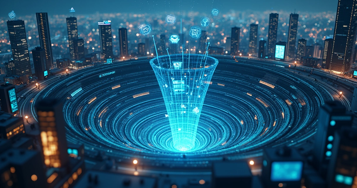 Cidade inteligente em formato de funil de vendas feita de prédios de vidro e dados digitais 