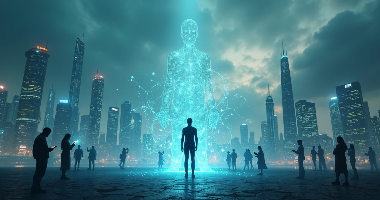Cidade futurista com figura representando agente de IA rodeada de dados, simbolizando ética e privacidade.