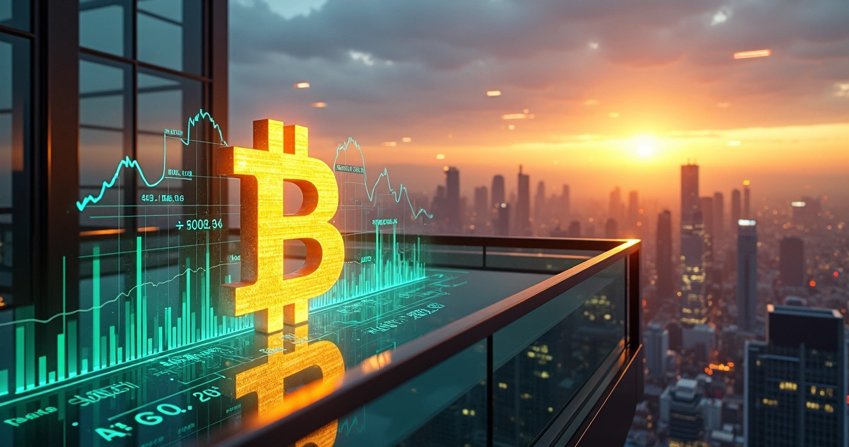 Cidade futurista com símbolo do bitcoin rodeado por gráficos digitais 