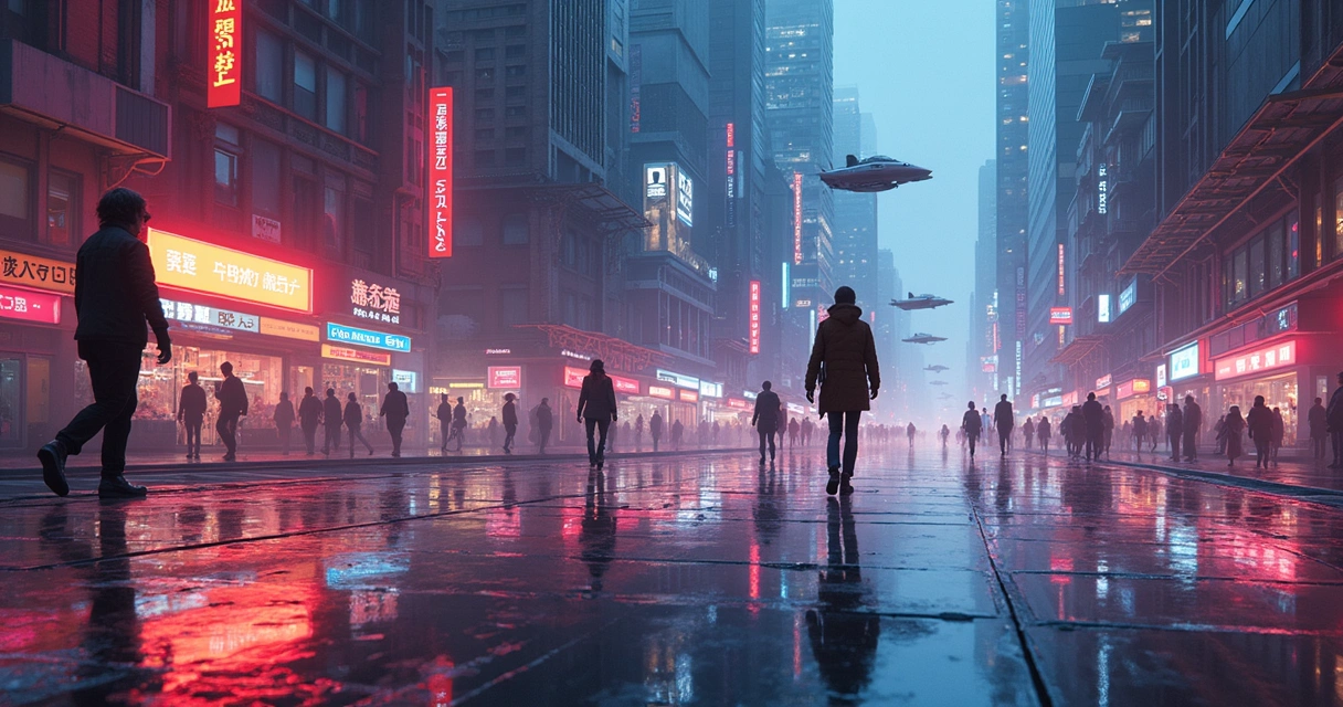 Cena futurista de uma cidade em um filme dos anos 70 com carros voadores 