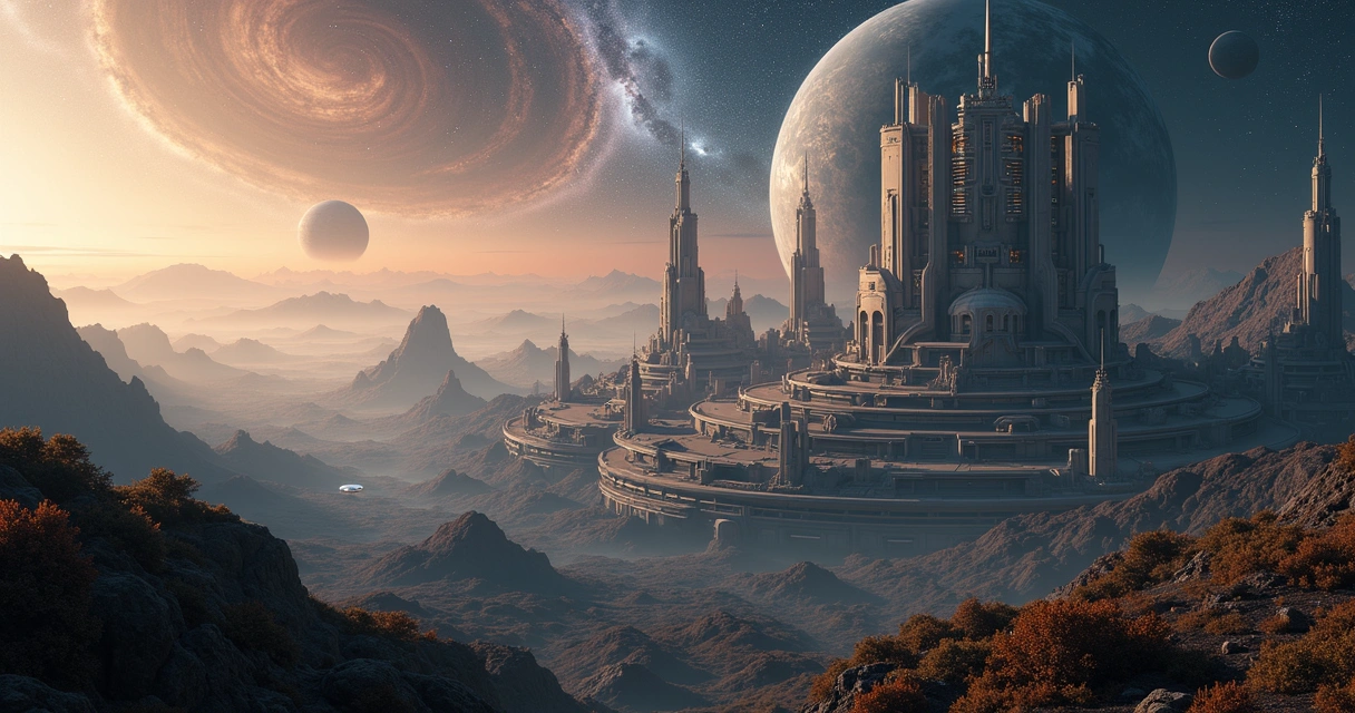 Cidade futurista vista de cima numa superfície planetária, com galáxia aparente ao fundo. 