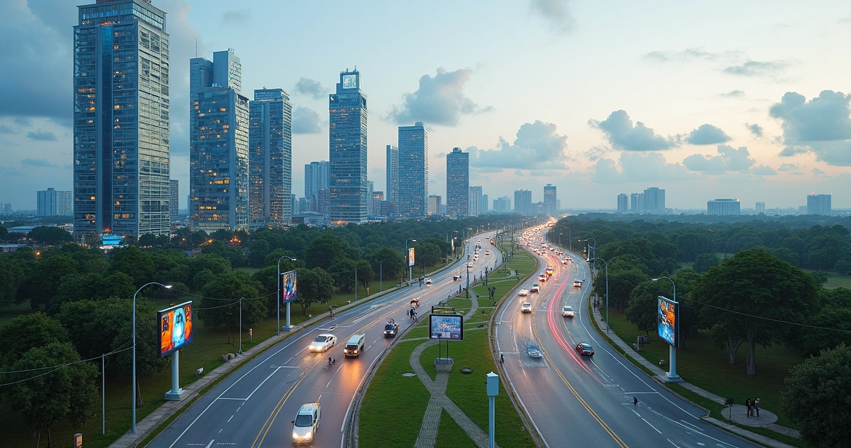 Vista panorâmica de cidade futurista no Paraná com edifícios inteligentes, iluminação de LED e áreas verdes
