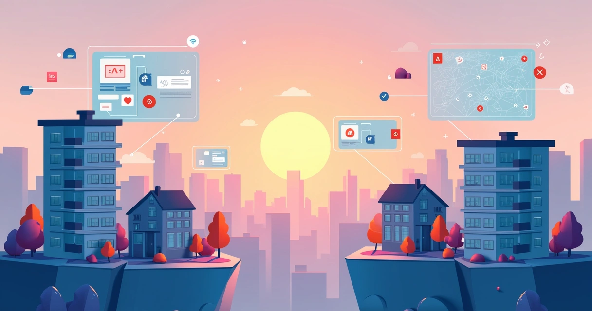 Paisagem urbana futurista com conexão digital entre imóveis 