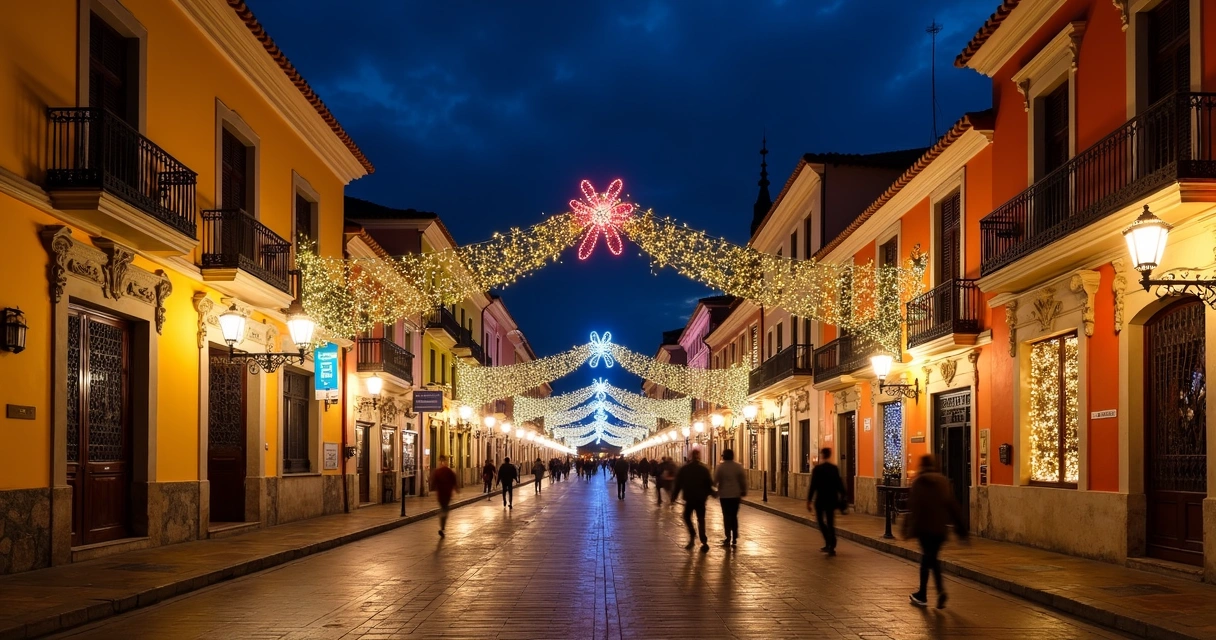 Rua decorada para o Natal em Gramado, com luzes e árvores iluminadas 