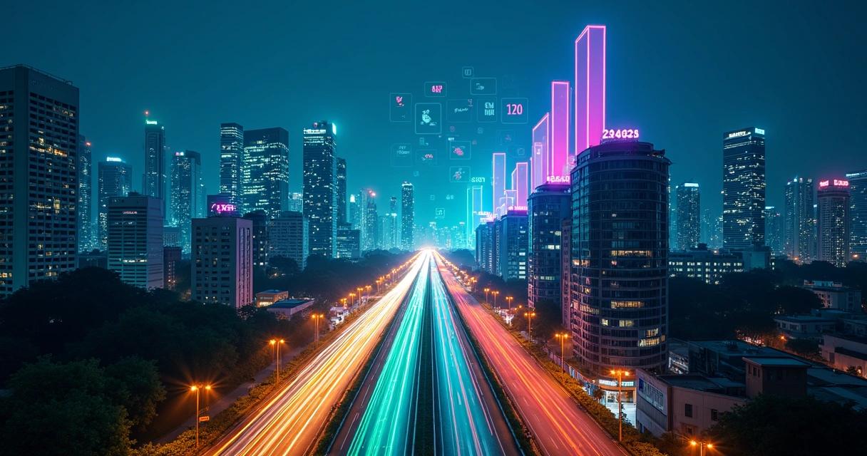 Perspectiva aérea de cidade brasileira à noite com trilhas de luz em formato de gráficos crescendo 