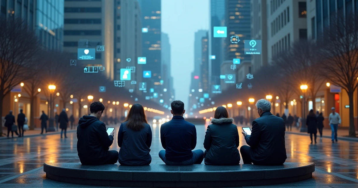 Pessoas em praça urbana iluminadas por telas digitais e desconectadas entre si 