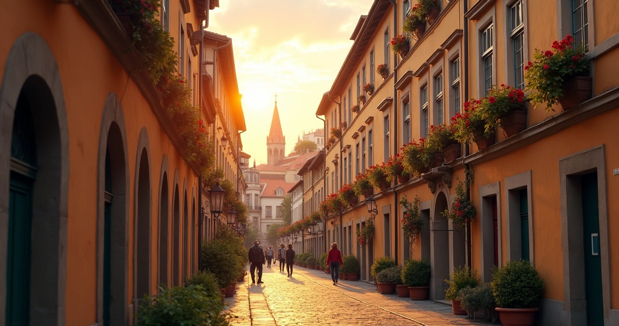 Cidade europeia histórica com ruas de pedra e arquitetura antiga ao entardecer 