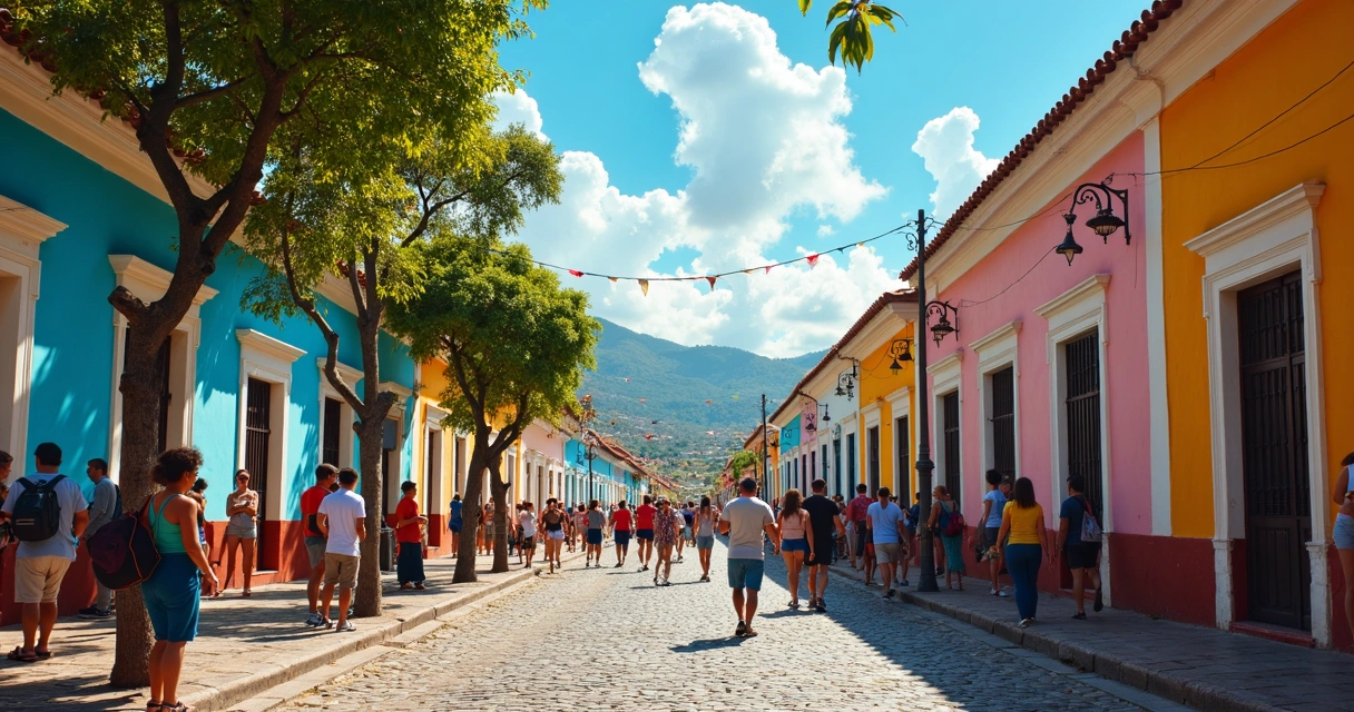 Centro histórico com casas coloridas, céu azul e turistas caminhando 