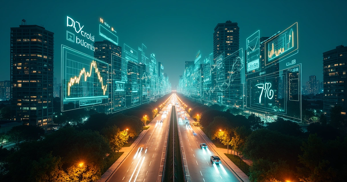 Cidade futurista brasileira à noite com gráficos financeiros brilhando nos prédios 