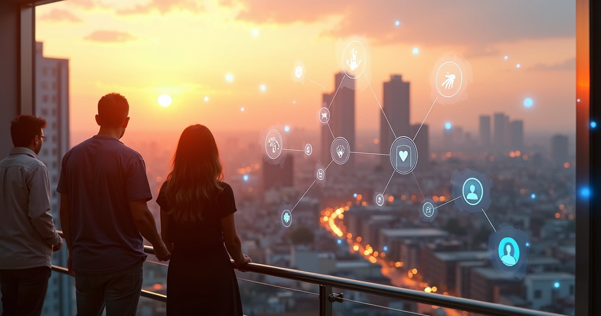 Vista aérea de cidade ao pôr do sol com ícones transparentes conectando pessoas e ações sociais 