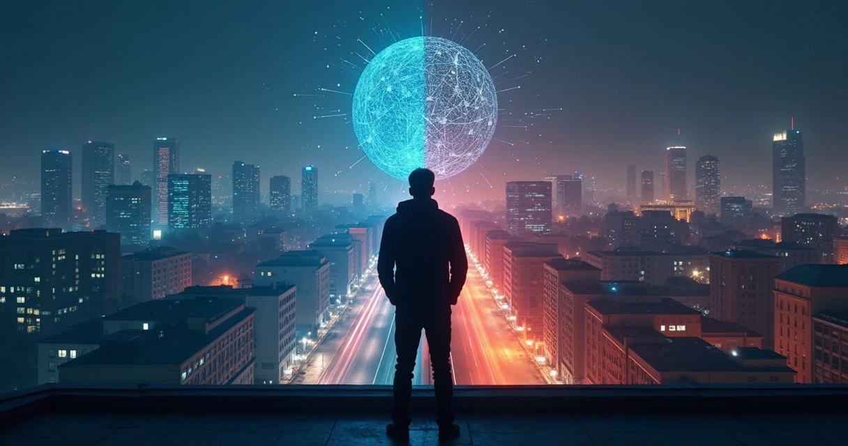 Silhueta humana observa cidade digital dividida entre códigos azuis e vermelhos 