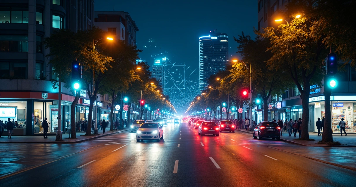 Cruzamento urbano com carros conectados e sensores inteligentes