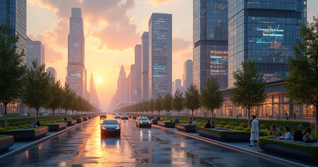 Vista futurista de cidade inteligente com edifícios conectados e transportes automatizados 