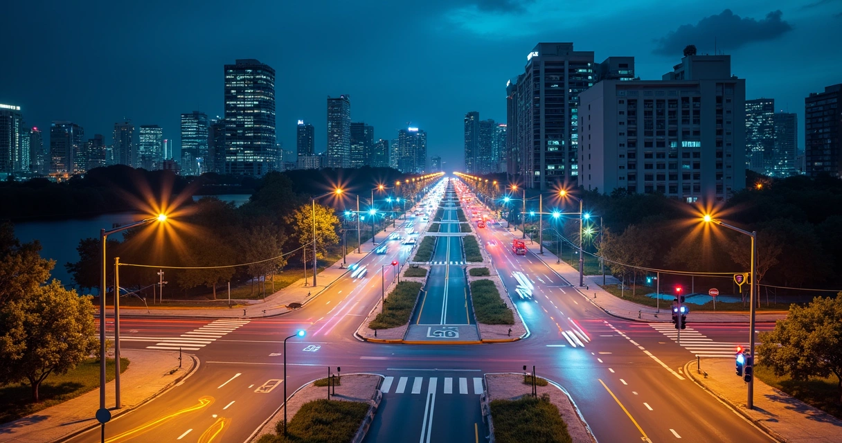 Vista aérea noturna de cidade inteligente com sensors IoT conectados por rede digital 