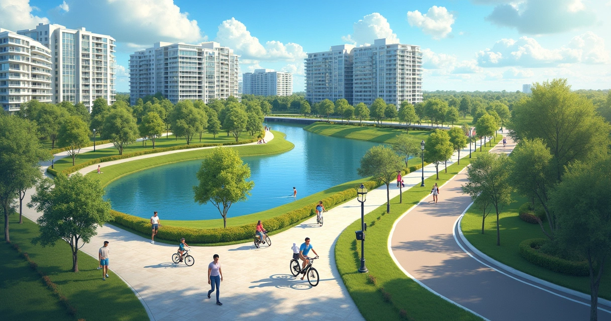 Aerial view of a planned neighborhood with lakes, modern buildings, and tree-lined streets 