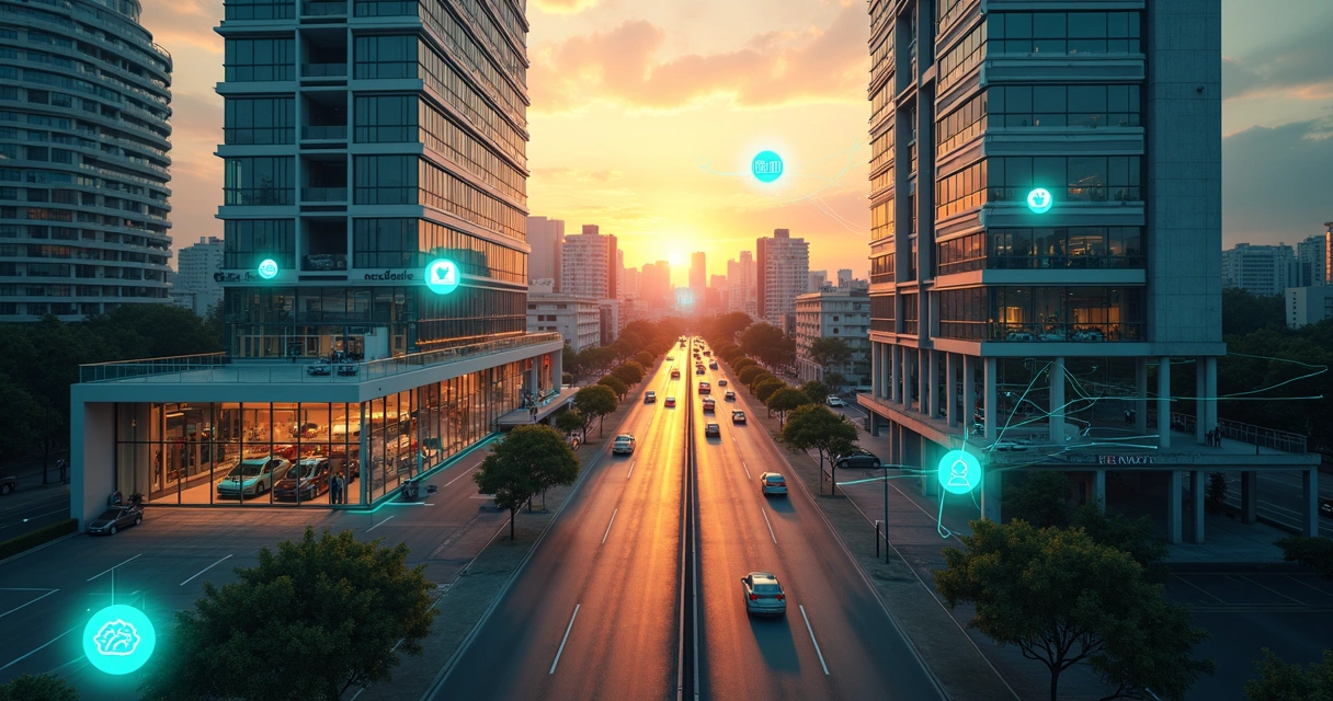 Visão aérea de cidade com rede digital conectando loja de carros e prédio comercial 