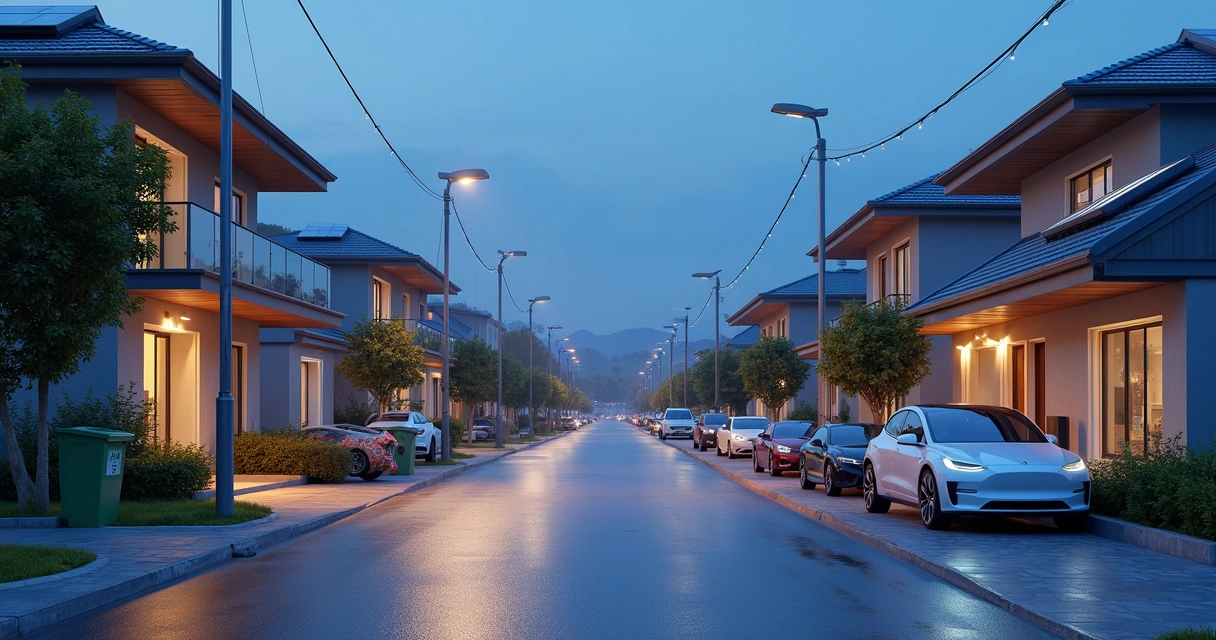 Rua moderna de Paulínia com iluminação inteligente e energia solar 