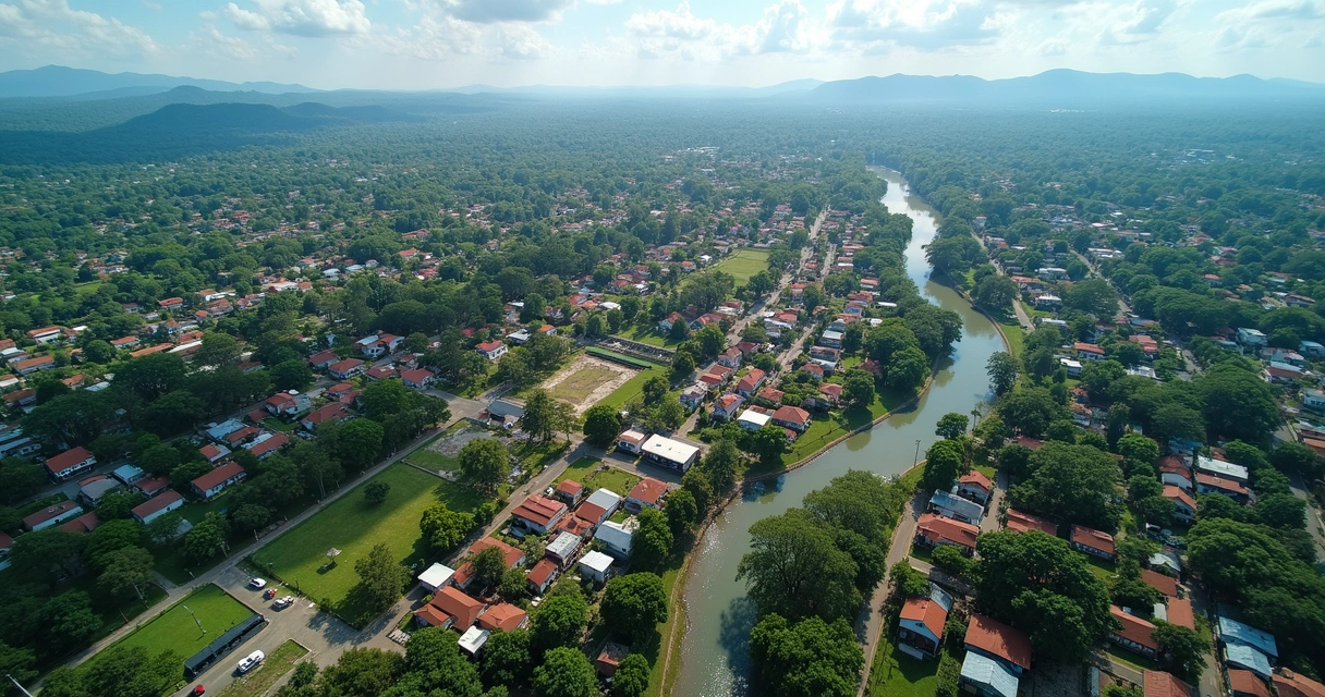 Vista de cidade do interior com áreas verdes e construções baixas